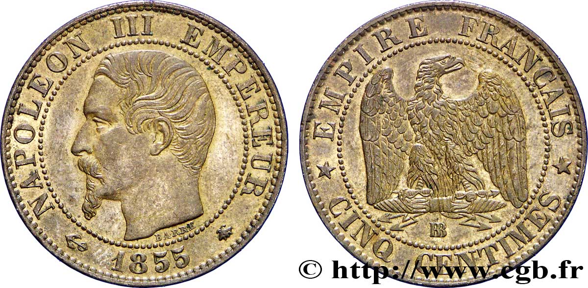 Cinq centimes Napoléon III, tête nue 1855 Strasbourg F.116/21 SUP58 