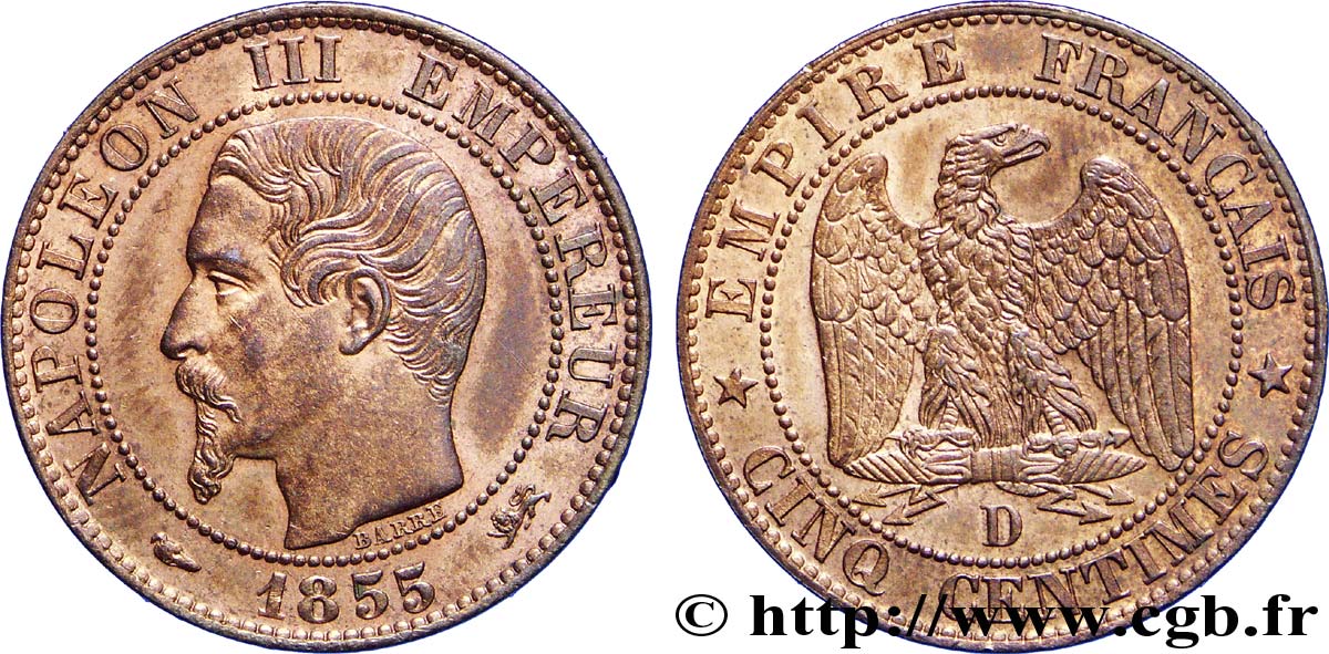 Cinq centimes Napoléon III, tête nue, différent levrette 1855 Lyon F.116/22 MS62 
