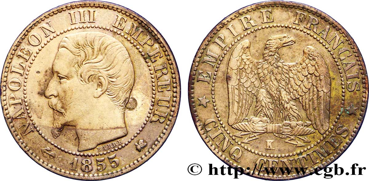 Cinq centimes Napoléon III, tête nue 1855 Bordeaux F.116/25 BB45 