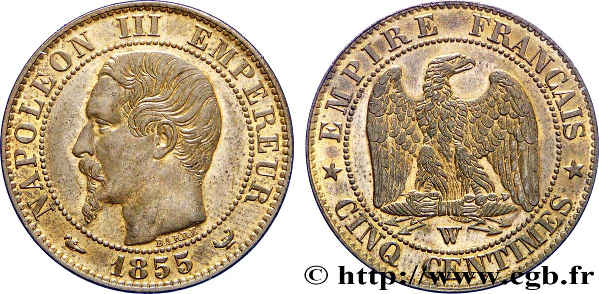Cinq centimes Napoléon III, tête nue 1855 Lille F.116/28 SUP58 