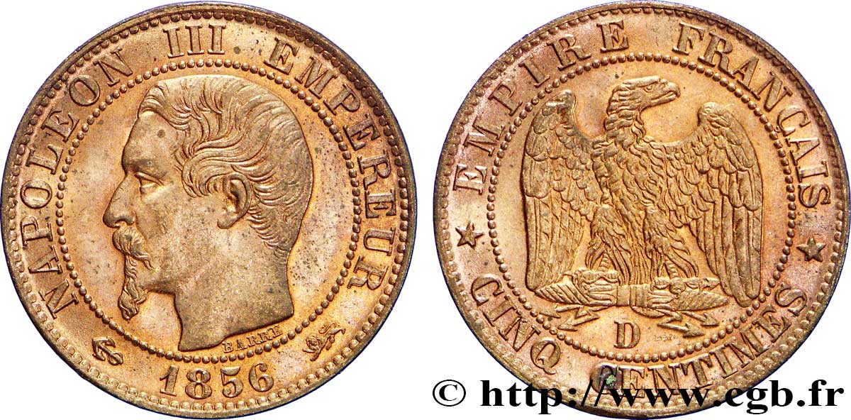 Cinq centimes Napoléon III, tête nue 1856 Lyon F.116/33 fST63 