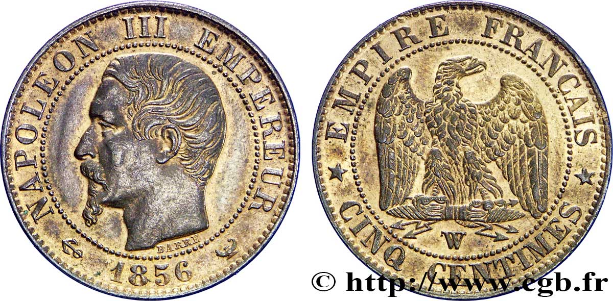 Cinq centimes Napoléon III, tête nue 1856 Lille F.116/36 SUP56 