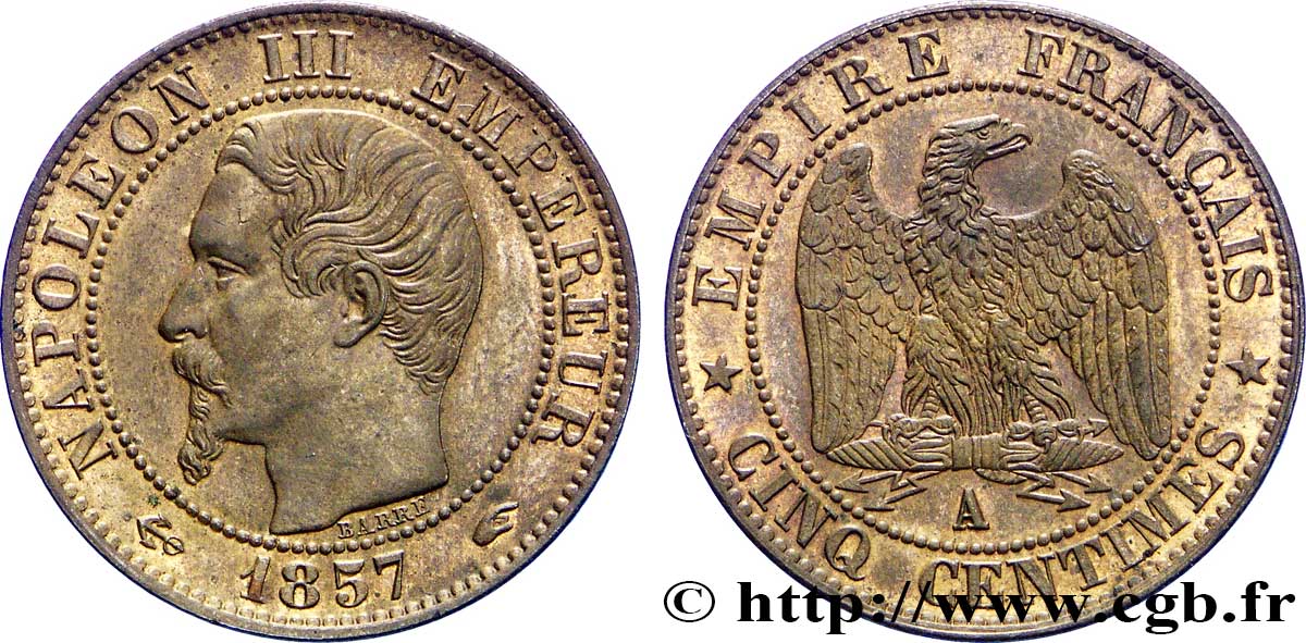 Cinq centimes Napoléon III, tête nue 1857 Paris F.116/37 SPL58 