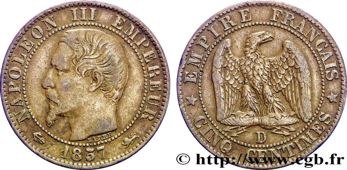 Cinq centimes Napoléon III, tête nue 1857 Lyon F.116/40 XF45 