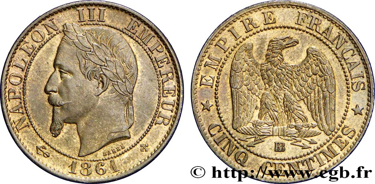 Cinq centimes Napoléon III, tête laurée 1861 Strasbourg F.117/5 SUP58 