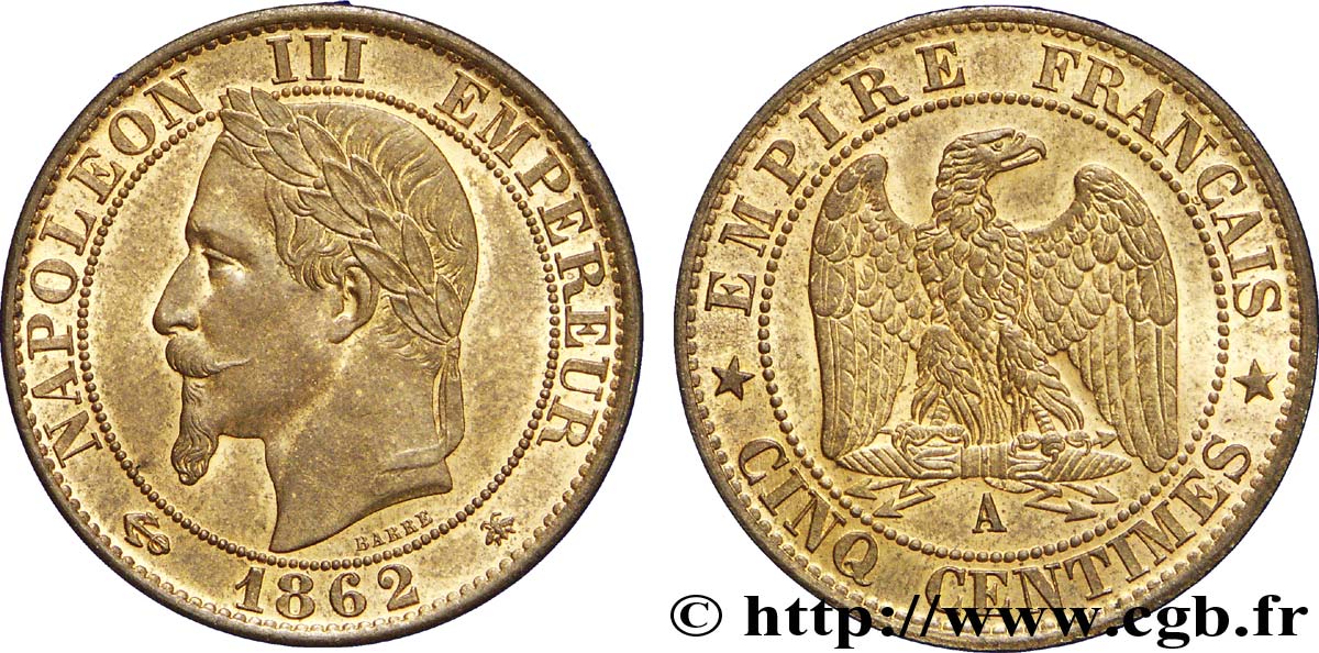 Cinq centimes Napoléon III, tête laurée 1862 Paris F.117/7 SPL62 