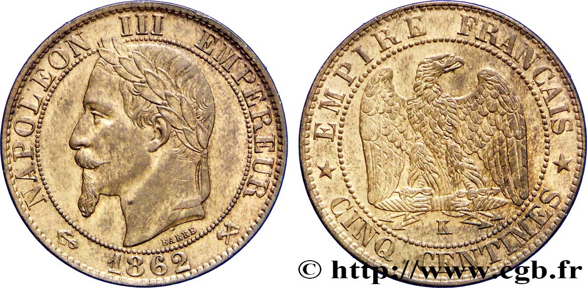 Cinq centimes Napoléon III, tête laurée 1862 Bordeaux F.117/9 AU58 