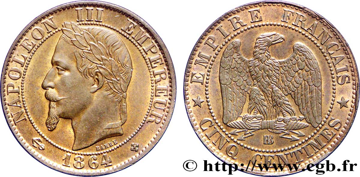 Cinq centimes Napoléon III, tête laurée 1864 Strasbourg F.117/14 EBC60 