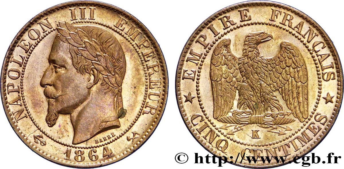 Cinq centimes Napoléon III, tête laurée 1864 Bordeaux F.117/15 SUP60 
