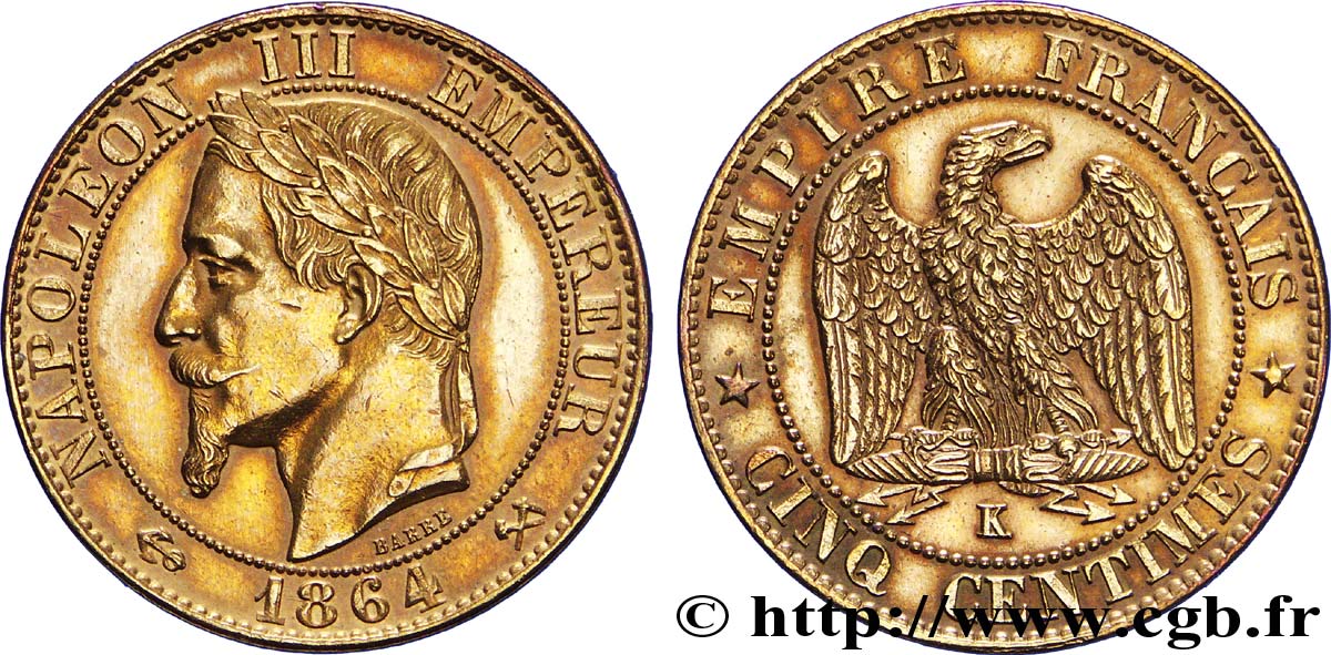 Cinq centimes Napoléon III, tête laurée 1864 Bordeaux F.117/15 TTB48 