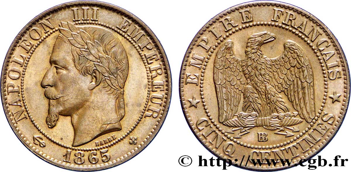 Cinq centimes Napoléon III, tête laurée 1865 Strasbourg F.117/17 SPL58 
