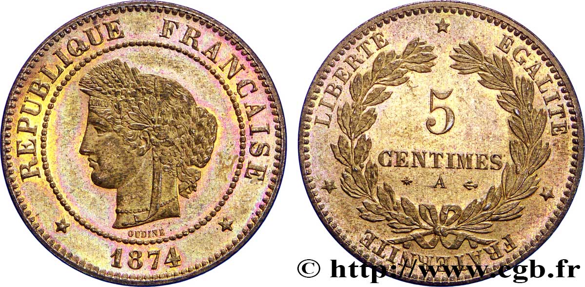 5 centimes Cérès 1874 Paris F.118/9 VZ62 