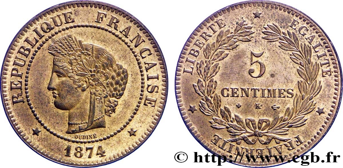 5 centimes Cérès 1874 Bordeaux F.118/10 EBC60 