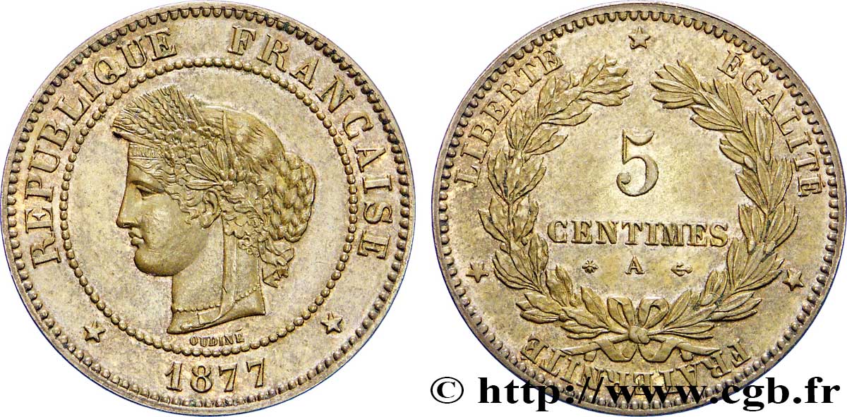 5 centimes Cérès 1877 Paris F.118/15 AU58 