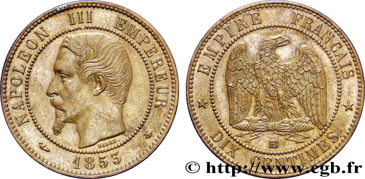 Dix centimes Napoléon III, tête nue 1853 Strasbourg F.133/4 MBC53 