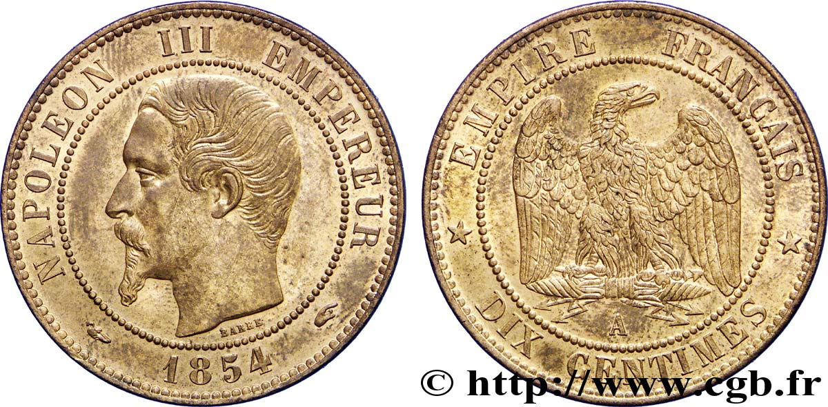 Dix centimes Napoléon III, tête nue 1854 Paris F.133/11 SUP58 