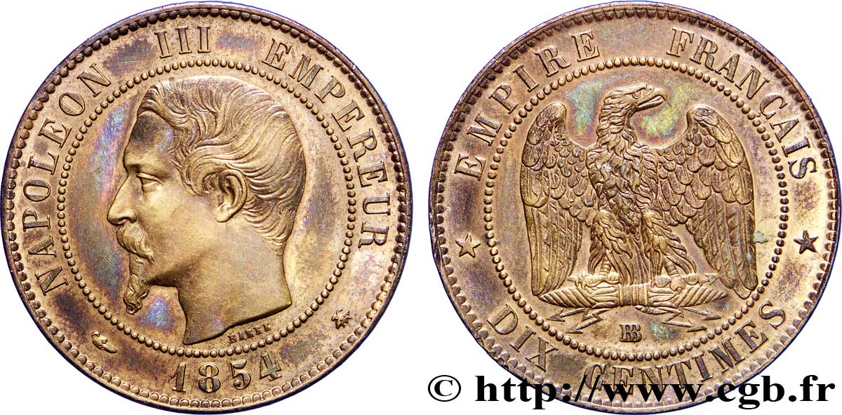 Dix centimes Napoléon III, tête nue 1854 Strasbourg F.133/13 VZ58 