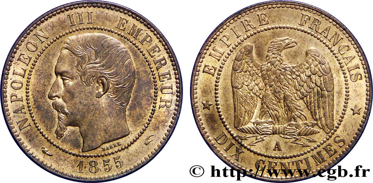 Dix centimes Napoléon III, tête nue 1855 Paris F.133/19 VZ60 