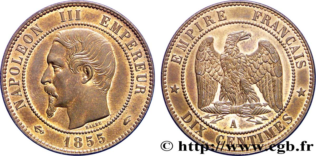 Dix centimes Napoléon III, tête nue 1855 Paris F.133/20 EBC58 