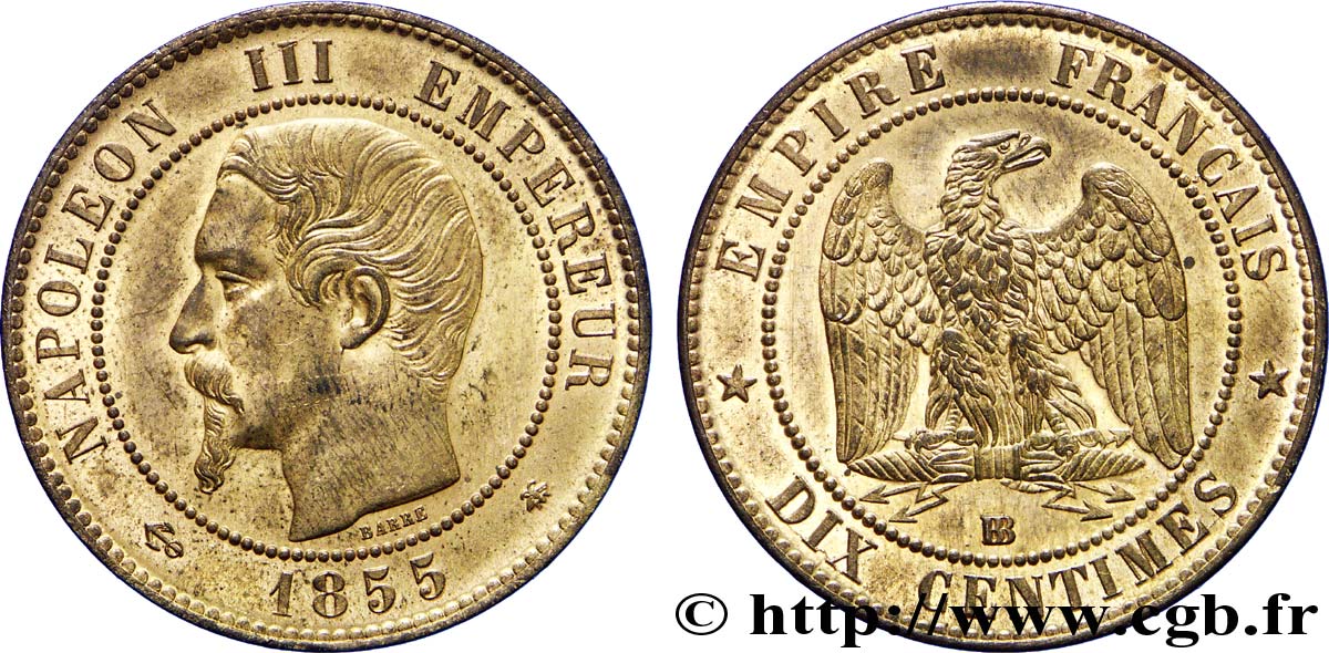 Dix centimes Napoléon III, tête nue, différent ancre 1855 Strasbourg F.133/24 SUP60 