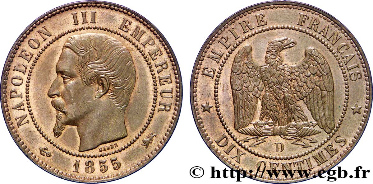 Dix centimes Napoléon III, tête nue 1855 Lyon F.133/26 VZ60 