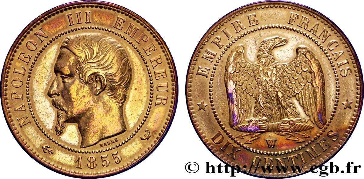 Dix centimes Napoléon III, tête nue 1855 Lille F.133/33 XF48 
