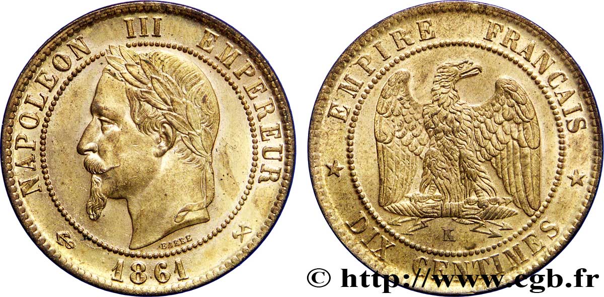 Dix centimes Napoléon III, tête laurée 1861 Bordeaux F.134/6 fST63 