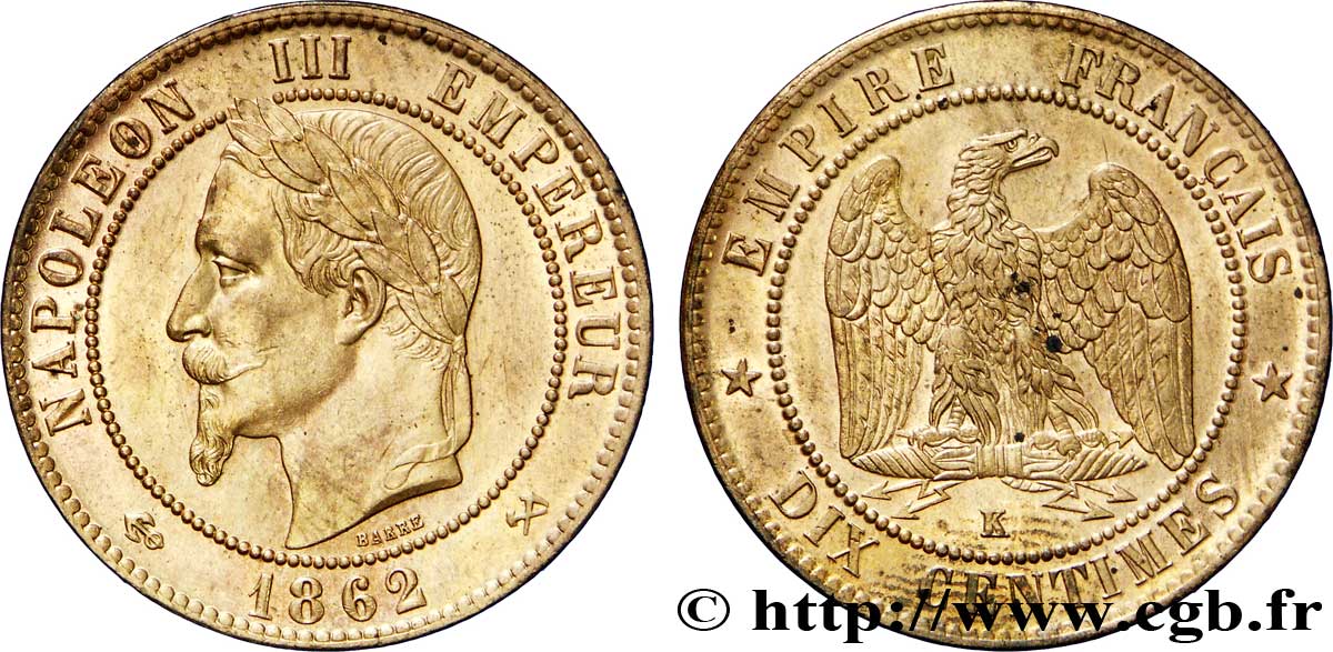 Dix centimes Napoléon III, tête laurée 1862 Bordeaux F.134/9 fST63 