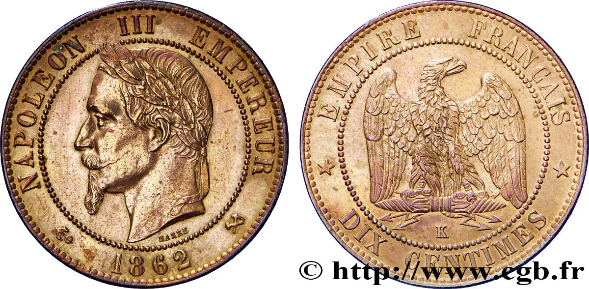 Dix centimes Napoléon III, tête laurée 1862 Bordeaux F.134/9 SPL58 