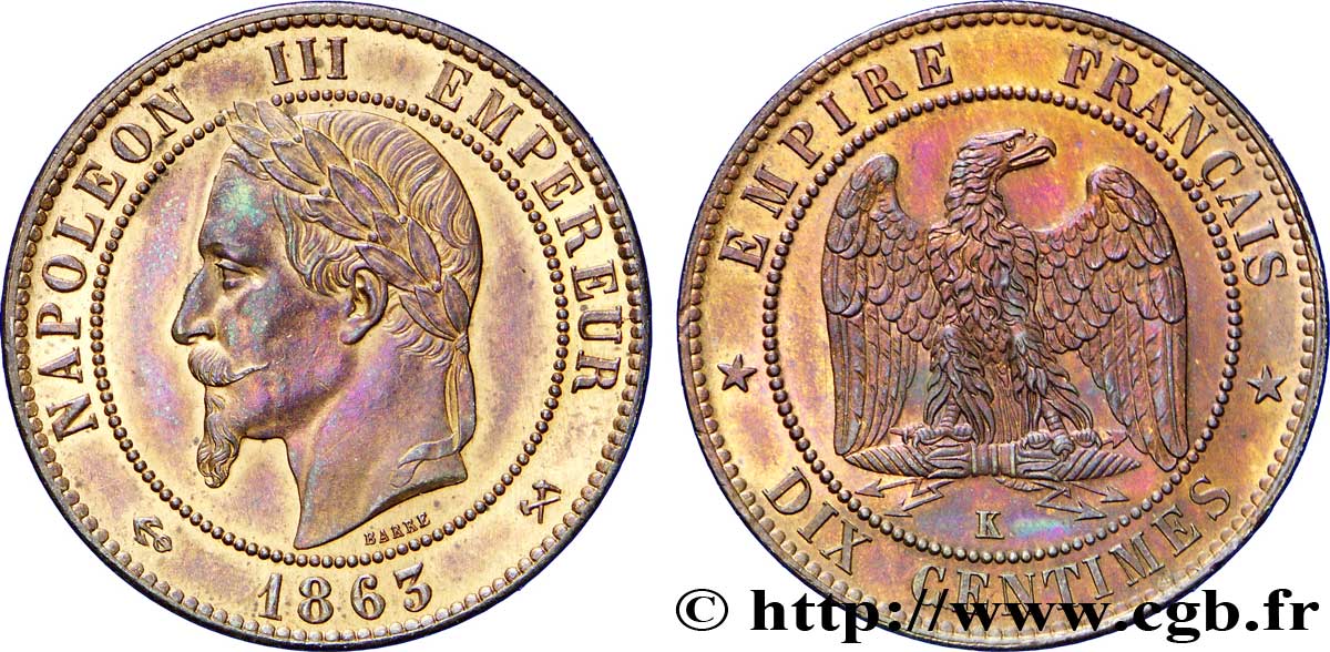 Dix centimes Napoléon III, tête laurée 1863 Bordeaux F.134/12 MS60 