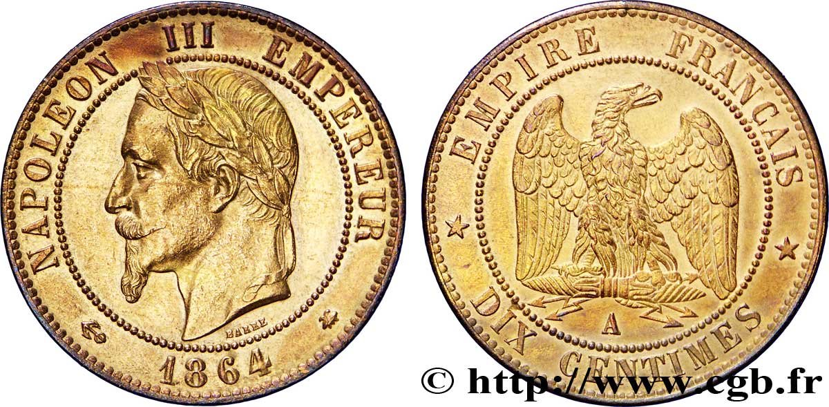 Dix centimes Napoléon III, tête laurée 1864 Paris F.134/11 TTB52 