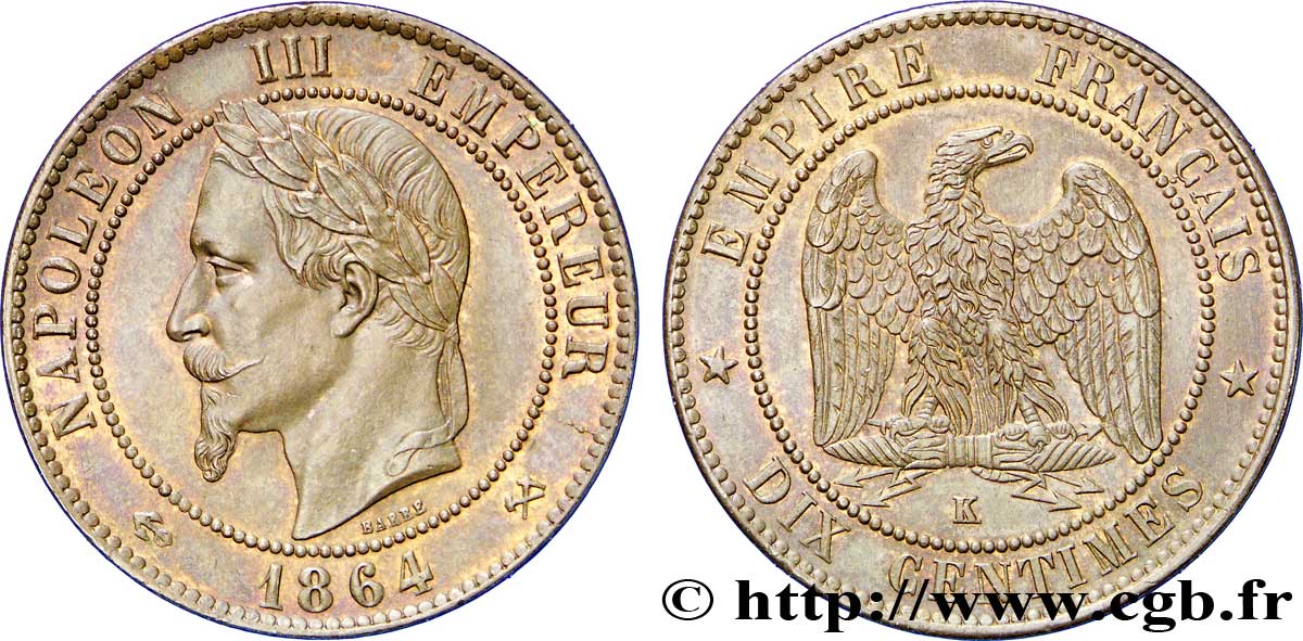 Dix centimes Napoléon III, tête laurée 1864 Bordeaux F.134/15 SUP59 