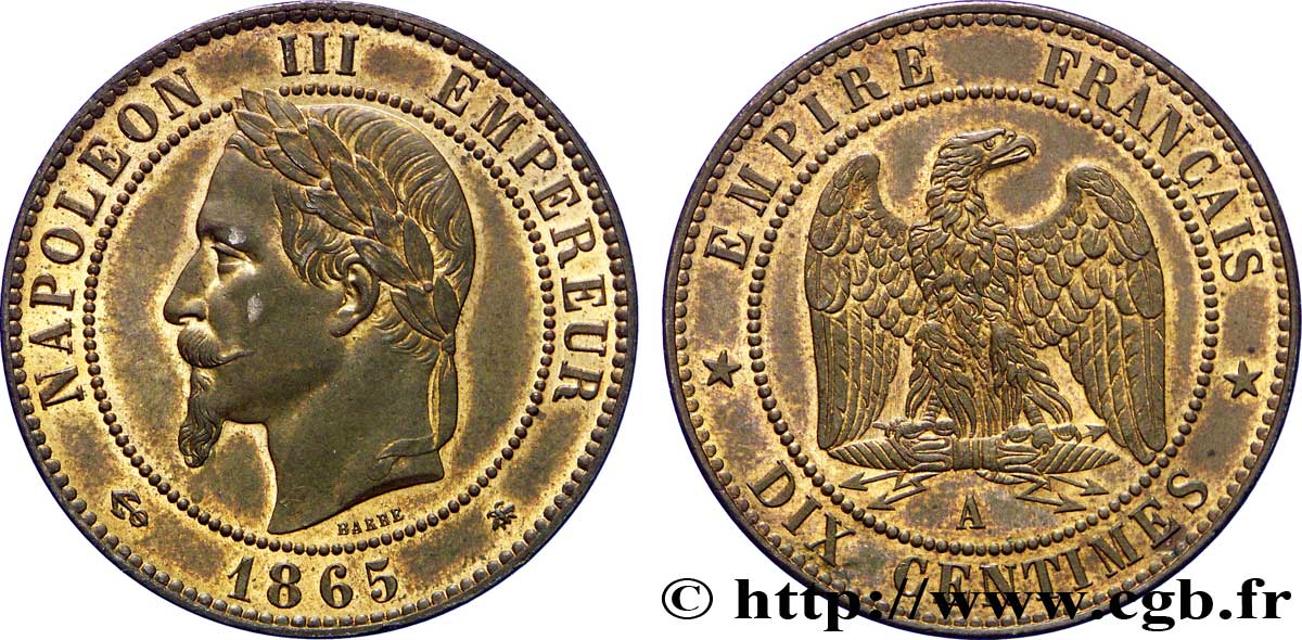 Dix centimes Napoléon III, tête laurée 1865 Paris F.134/14 SUP58 