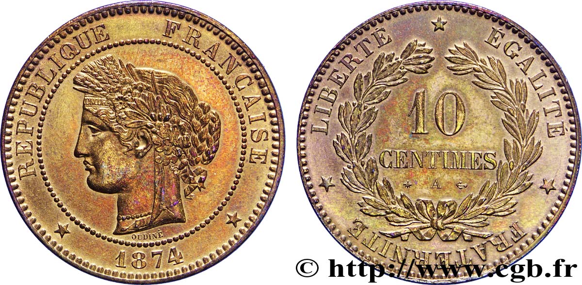 10 centimes Cérès 1874 Paris F.135/12 SUP58 