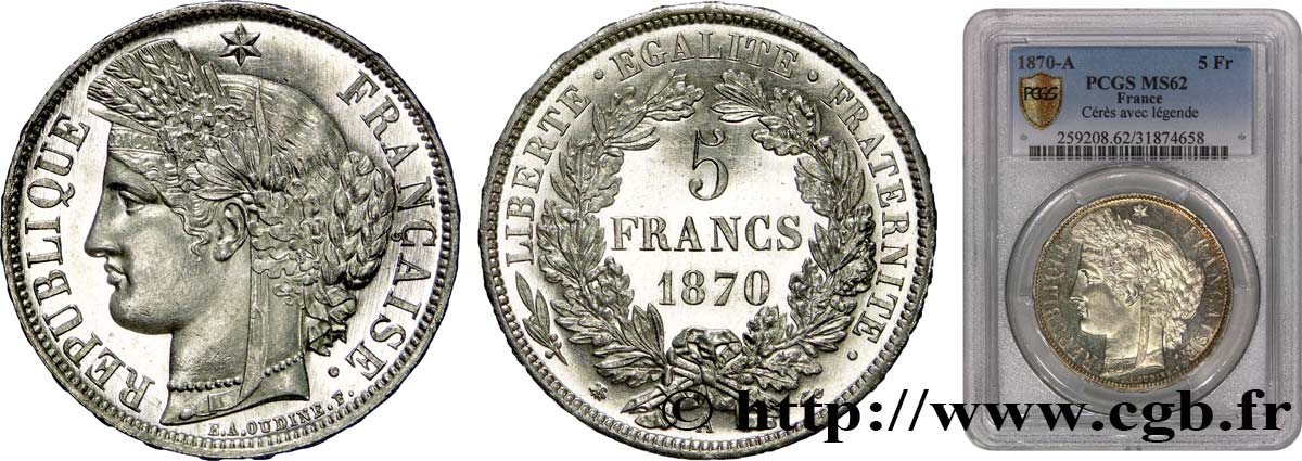 5 francs Cérès, avec légende 1870 Paris F.333/1 SPL62 PCGS