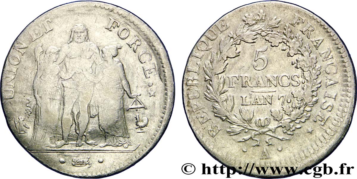 5 francs Union et Force, Union serré, avec glands intérieurs et gland extérieur 1799 Paris F.288/95 TB25 