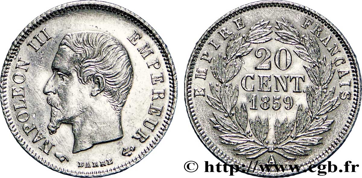 20 centimes Napoléon III, tête nue 1859 Paris F.148/12 SUP60 