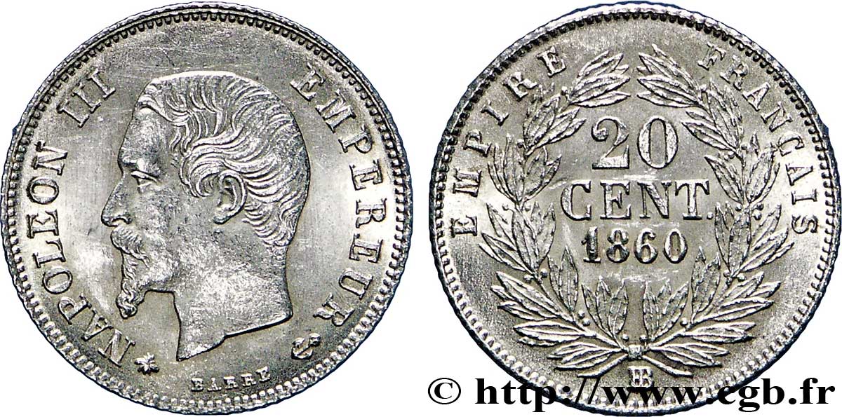 20 centimes Napoléon III, tête nue 1860 Strasbourg F.148/16 SPL64 