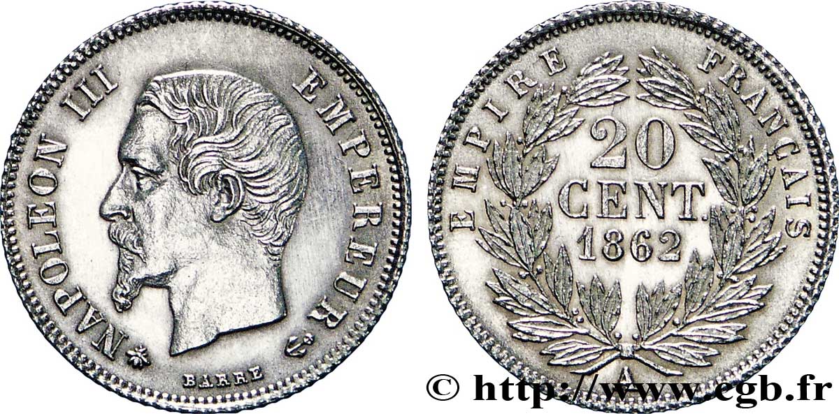 20 centimes Napoléon III, tête nue 1862 Paris F.148/17 SPL64 