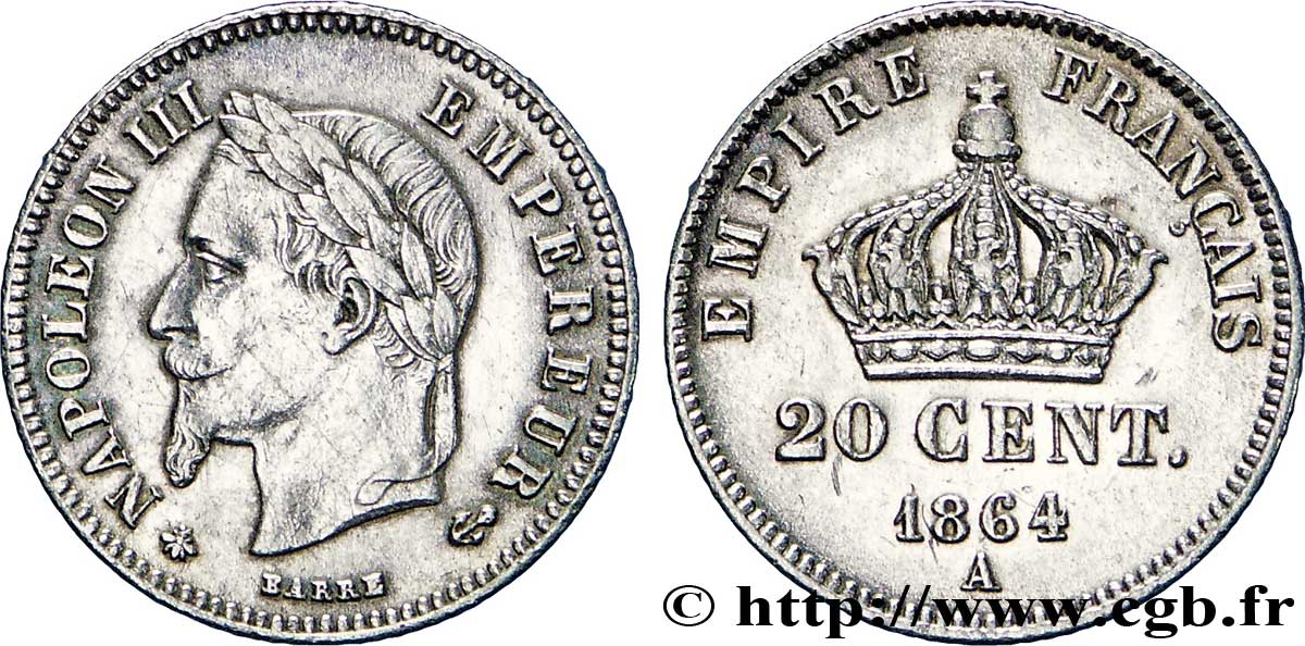 20 centimes Napoléon III, tête laurée, petit module 1864 Paris F.149/1 TTB50 