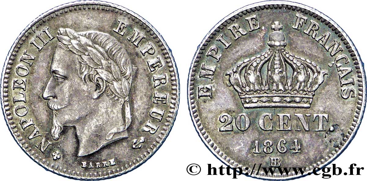 20 centimes Napoléon III, tête laurée, petit module 1864 Strasbourg F.149/2 XF48 