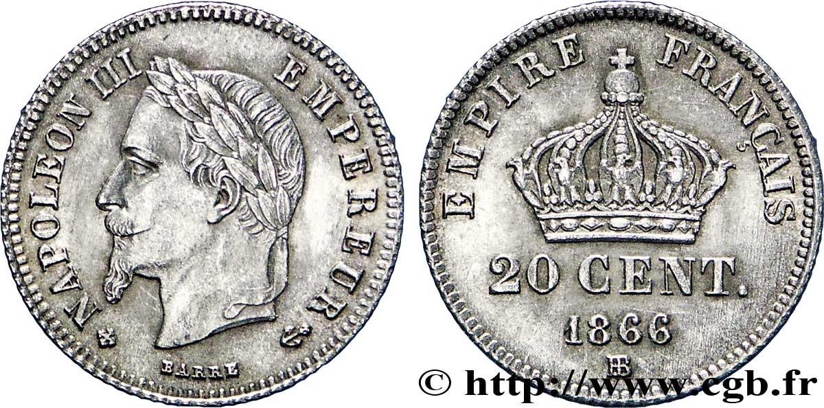20 centimes Napoléon III, tête laurée, petit module 1866 Strasbourg F.149/5 SUP62 
