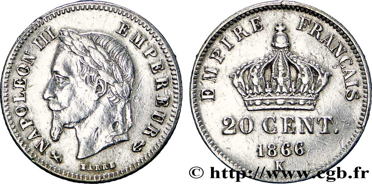 20 centimes Napoléon III, tête laurée, petit module 1866 Bordeaux F.149/6 TTB45 