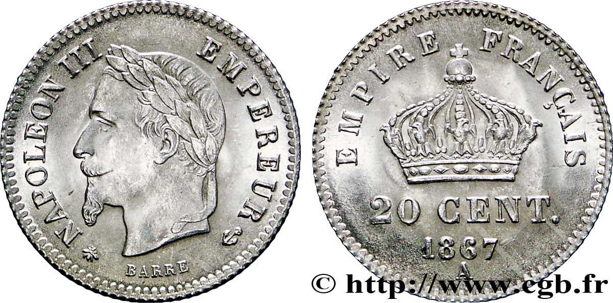 20 centimes Napoléon III, tête laurée, grand module 1867 Paris F.150/1 SUP61 