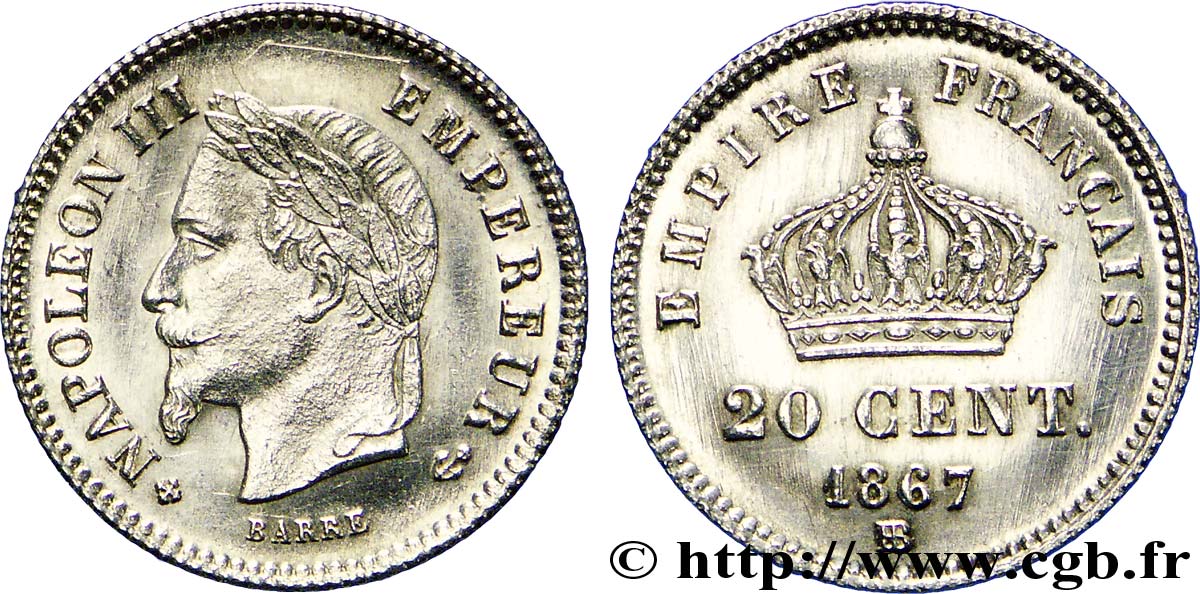 20 centimes Napoléon III, tête laurée, grand module 1867 Strasbourg F.150/2 MS63 