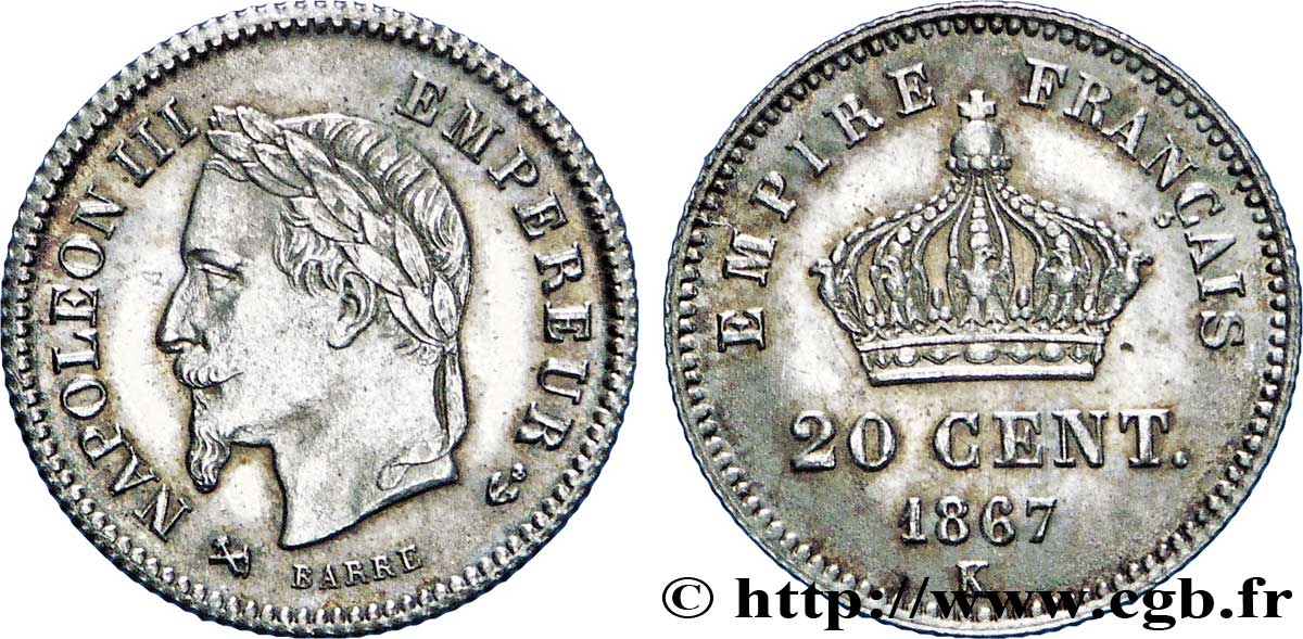 20 centimes Napoléon III, tête laurée, grand module 1867 Bordeaux F.150/3 SUP58 