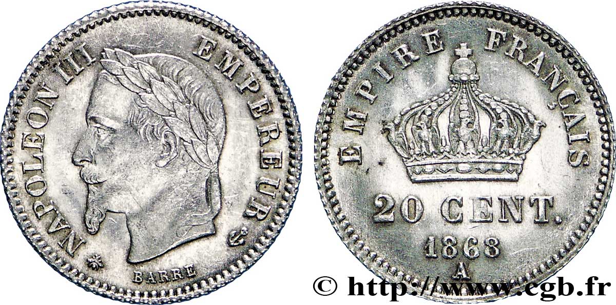 20 centimes Napoléon III, tête laurée, grand module 1868 Paris F.150/4 SUP62 