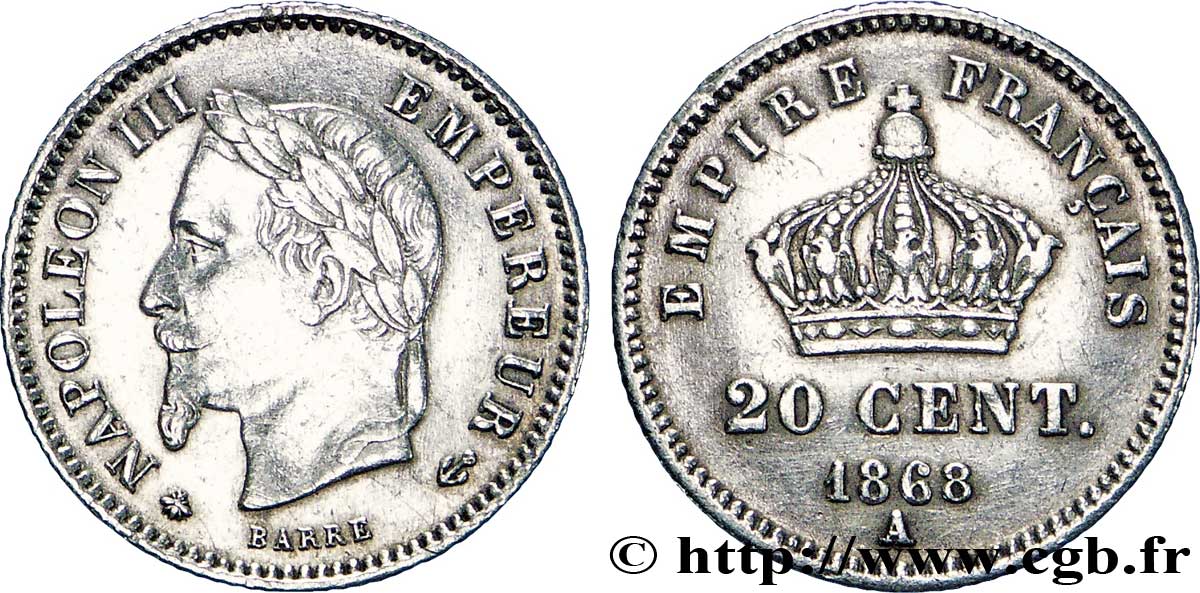 20 centimes Napoléon III, tête laurée, grand module 1868 Paris F.150/4 AU50 