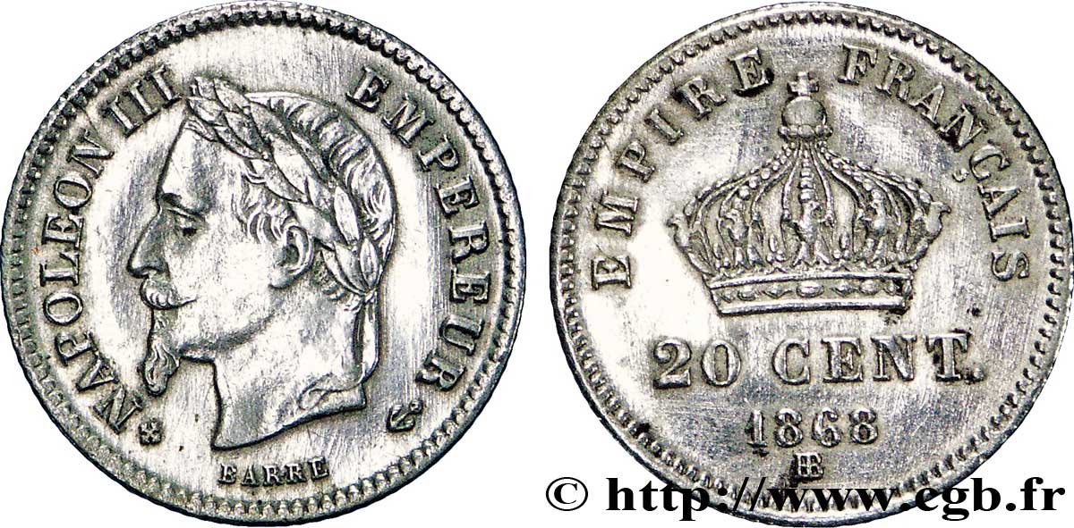 20 centimes Napoléon III, tête laurée, grand module 1868 Strasbourg F.150/5 MBC48 