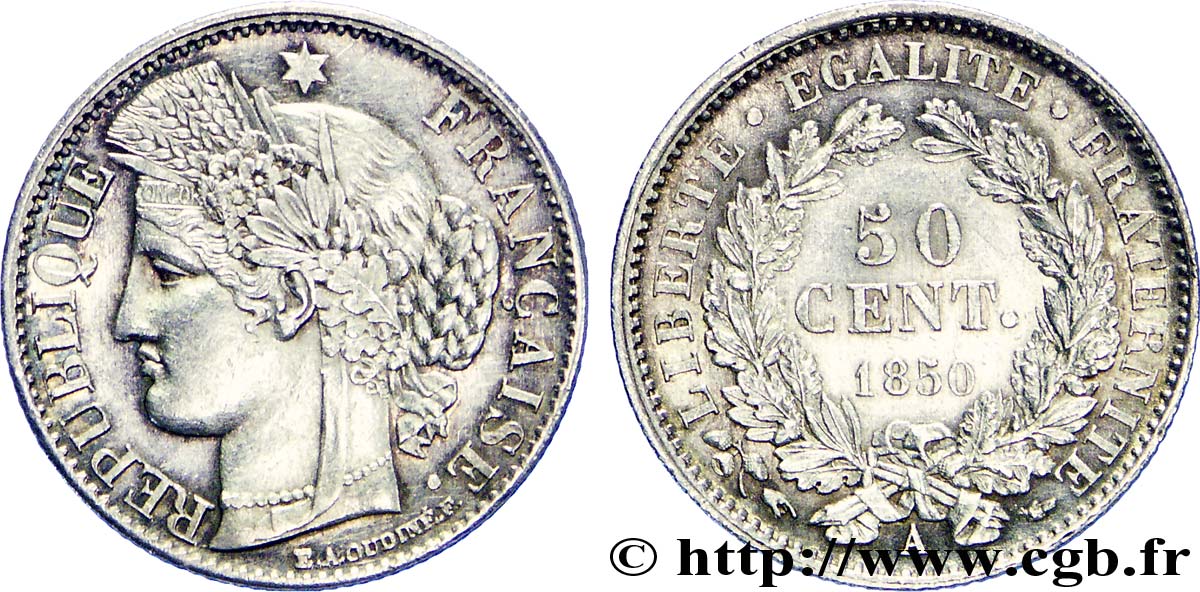 50 centimes Cérès, IIe République 1850 Paris F.184/2 SPL58 